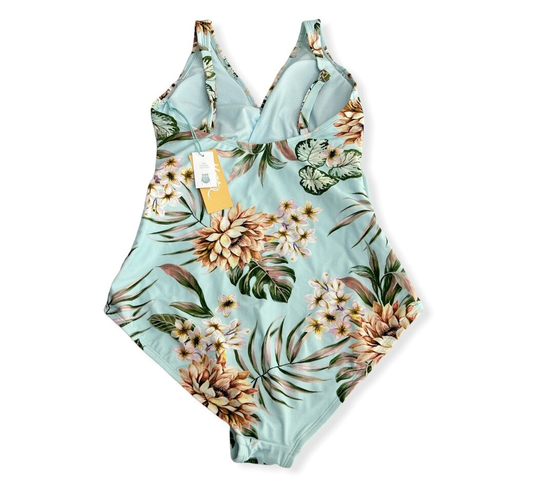 Kona Sol Blue Floral Front Wrap One Piece Swimsuit - L(12-14)