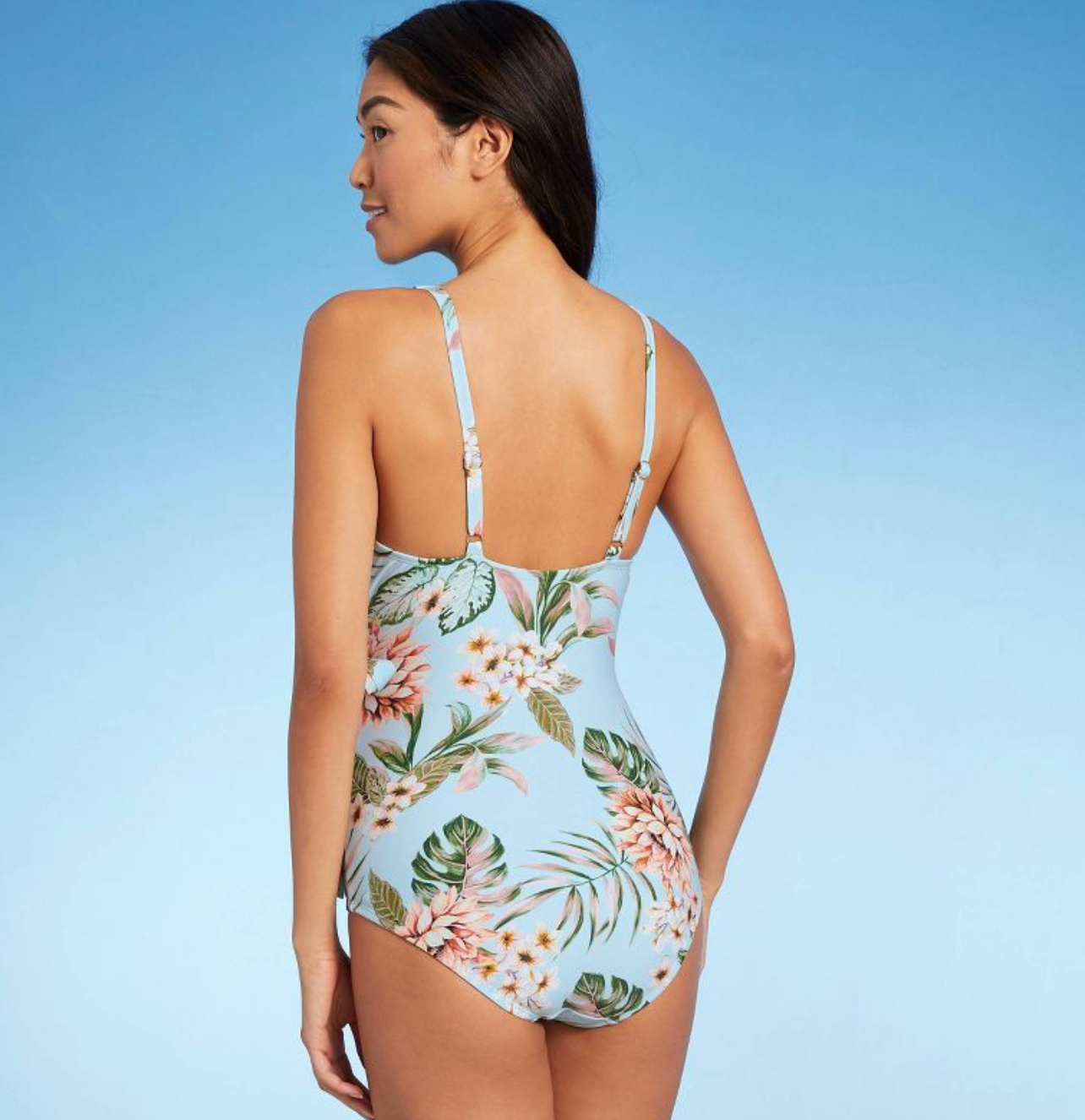 Kona Sol Blue Floral Front Wrap One Piece Swimsuit - L(12-14)