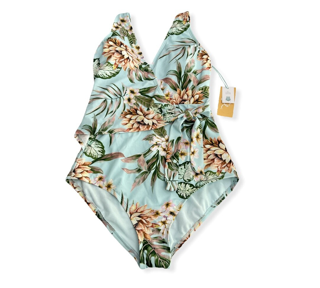Kona Sol Blue Floral Front Wrap One Piece Swimsuit - L(12-14)