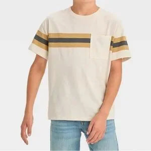 Boys' Short Sleeve Horizontal Chest Striped T-Shirt - Cat & Jack™ Off-White S (6/7) - Tan