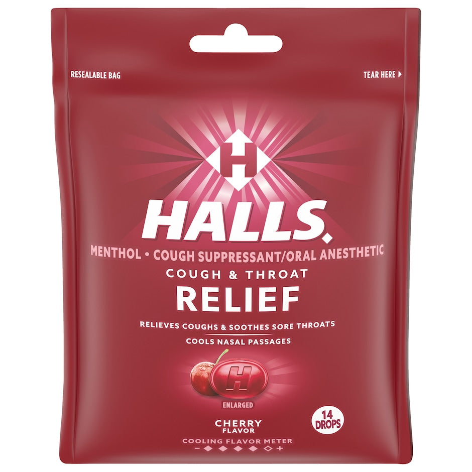 HALLS Relief Menthol Cherry Cough Drops, 14-ct